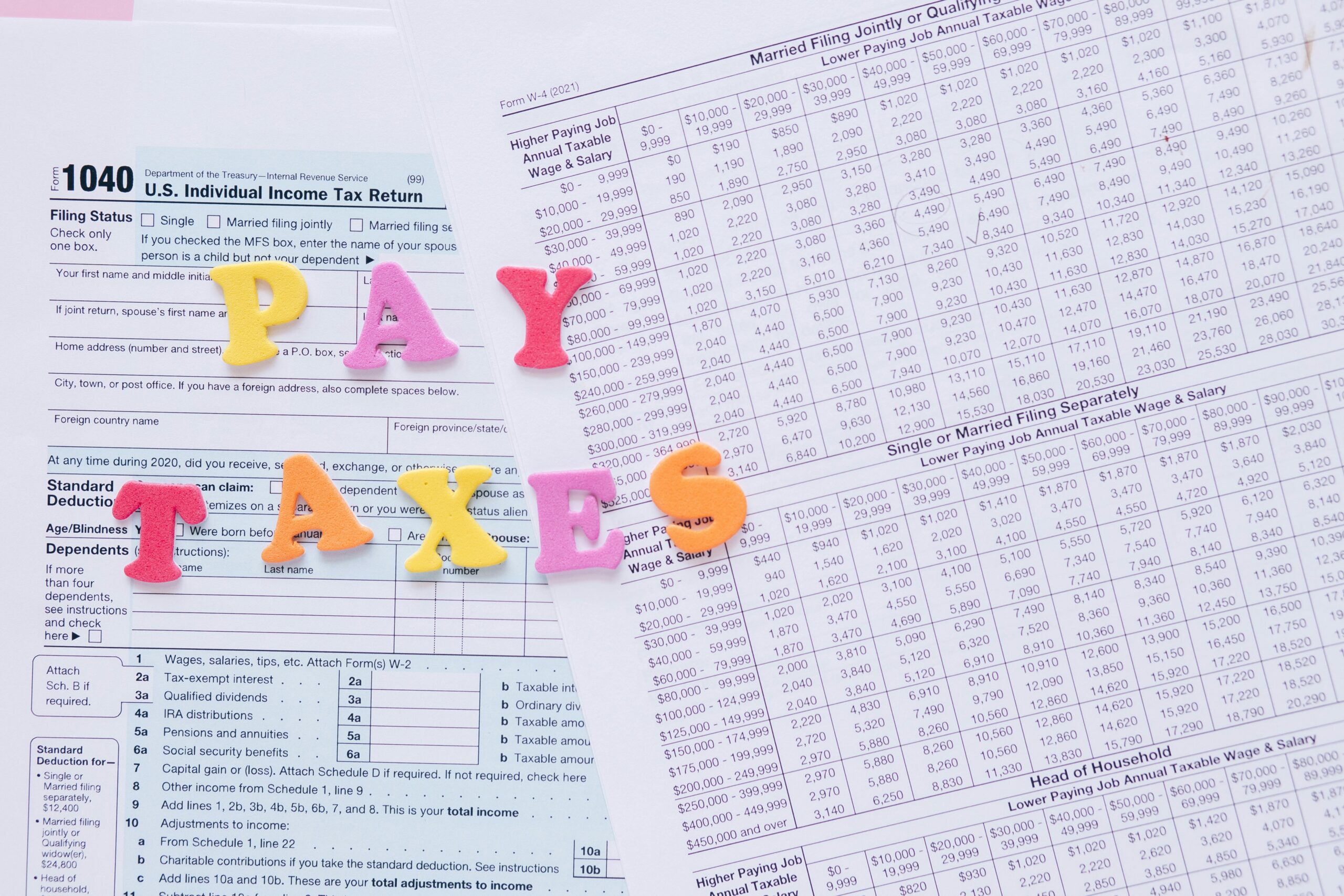 Close-up of U.S. tax forms with colorful 